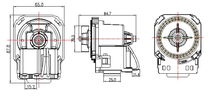 Насос сливной (помпа) P25-1EKF универсал.: 40W, крепл. — 4 защелки, выводы — сзади раздельно