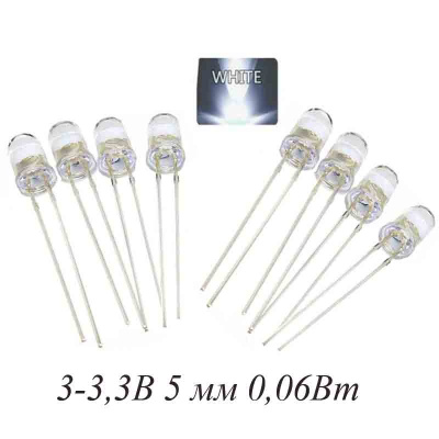 Светодиод-3-3,3В-5-мм-0,06Вт-белый-цвет